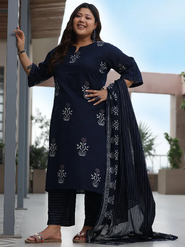 Plus Size Blue Printed Cotton Straight Suit With Dupatta