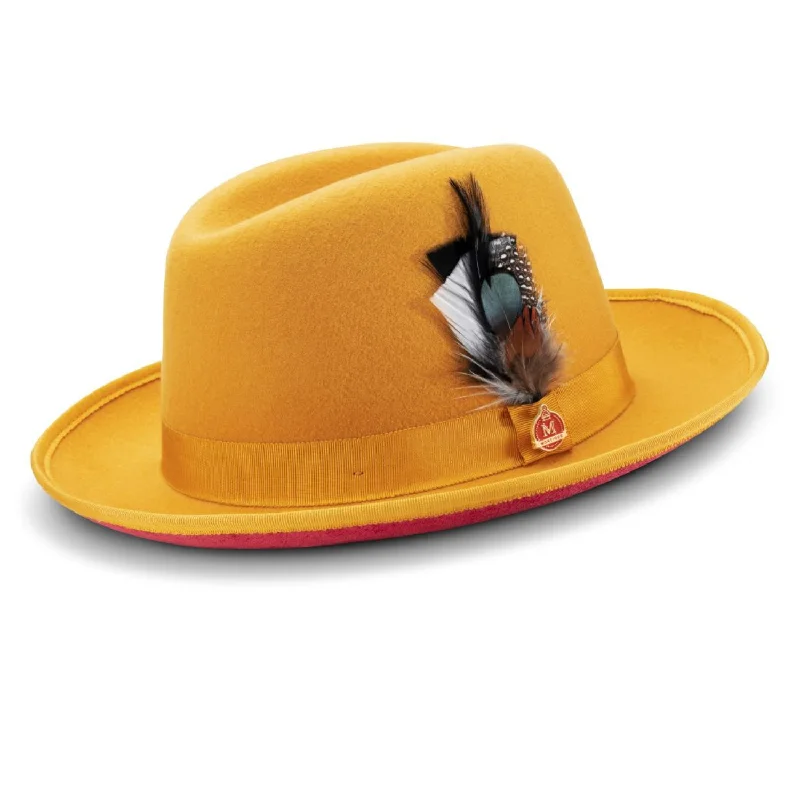 Groovify Collection: Montique Gold 2 3/4" Brim Red Bottom Wool Felt Dress Hat