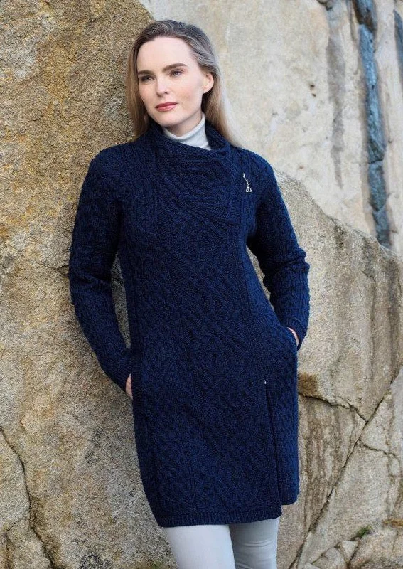 Aran Crafts Cable Knit Side Zip Coat | Blue