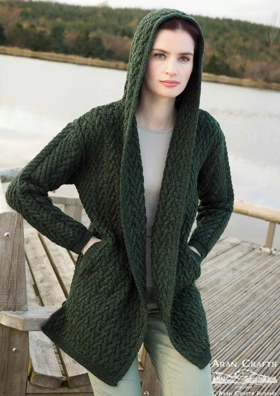 Shawl Hooded Aran Cardigan | Green