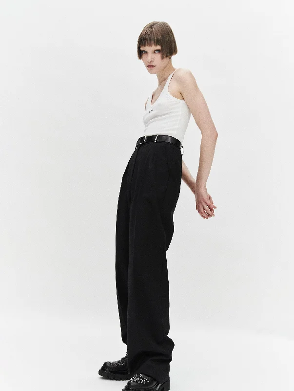 Black gabardine masculine pleated trousers