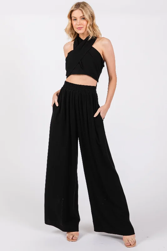 Black Linen Smocked Top and Pants Maternity Set