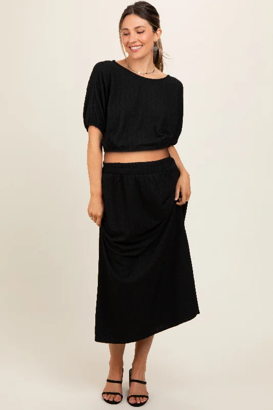 Black Waffle Texture Crop Top and Skirt Maternity Set