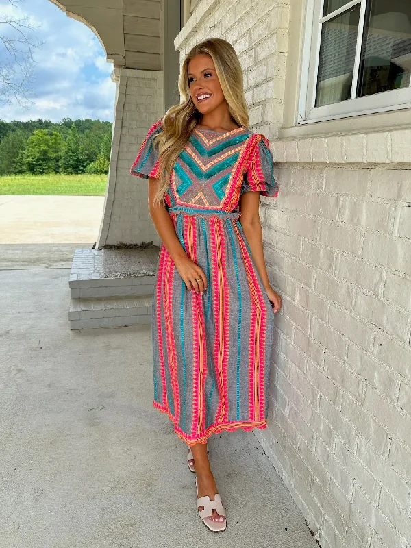 Embroidered Fringe Midi Dress- Multi