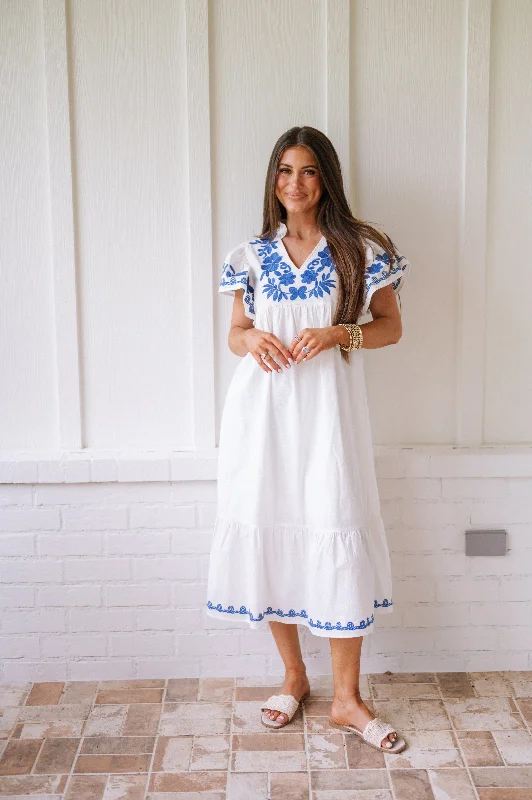 Embroidered V-Neck Dress-White/Blue