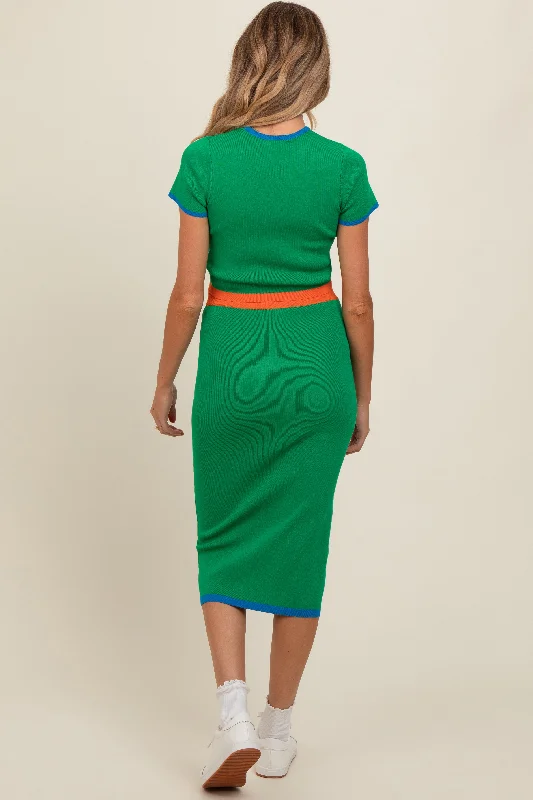 Green Colorblock Crop Top and Skirt Maternity Set