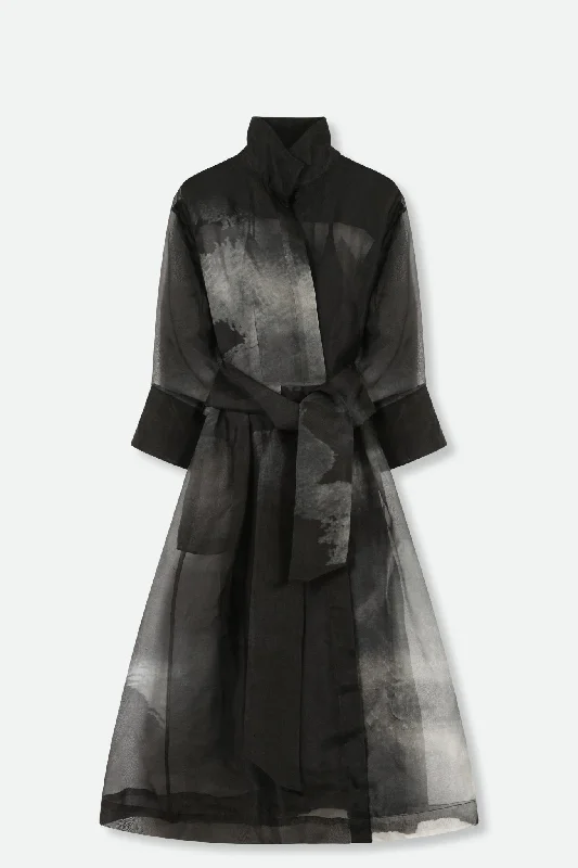 GABRIELLE PRINTED SILK ORGANZA DRESS IN GREY AND BLACK STORM