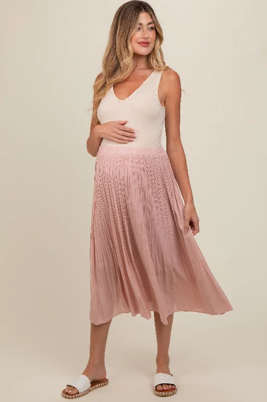 Mauve Pleated Maternity Midi Skirt