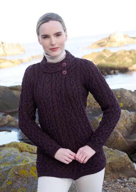 Meath Side Button Aran Cardigan | Damson