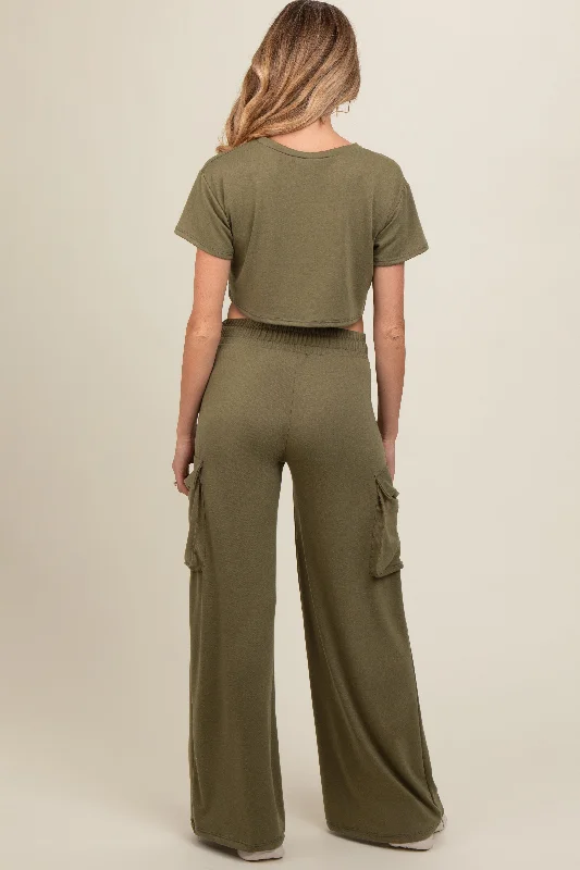 Olive Crop Top Cargo Pant Maternity Set