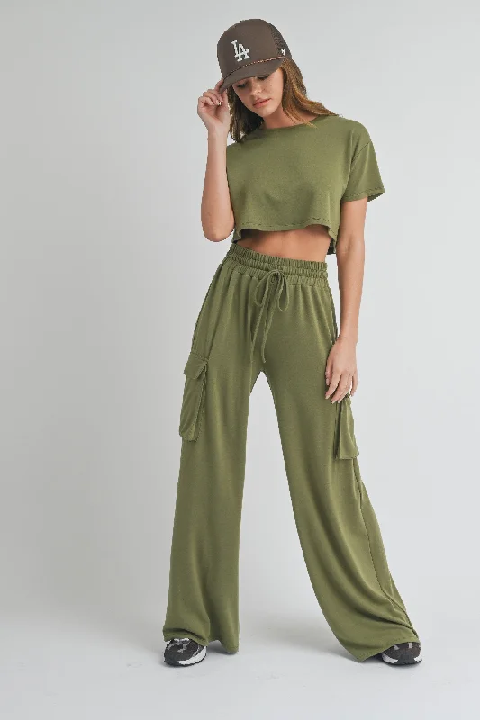 Olive Crop Top Cargo Pant Maternity Set