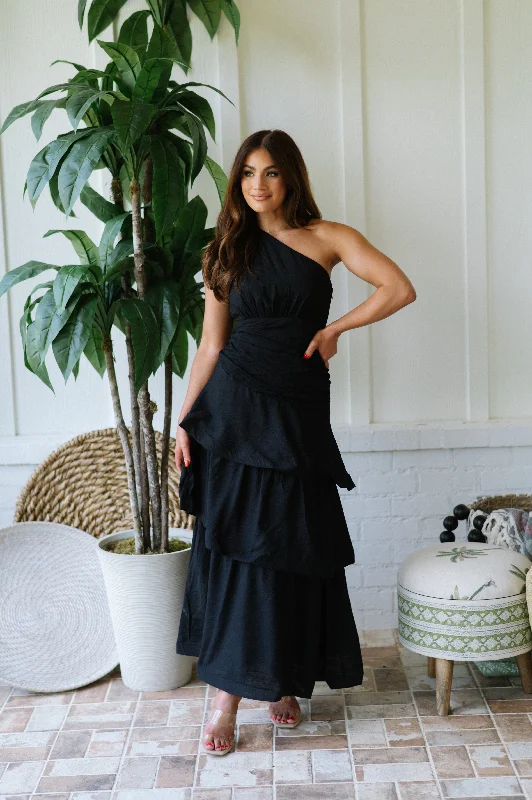 One Shoulder Tiered Maxi Dress- Black