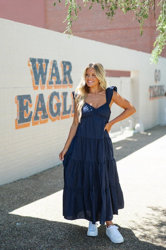 Poplin Ruffle Sleeve Maxi Dress-Navy