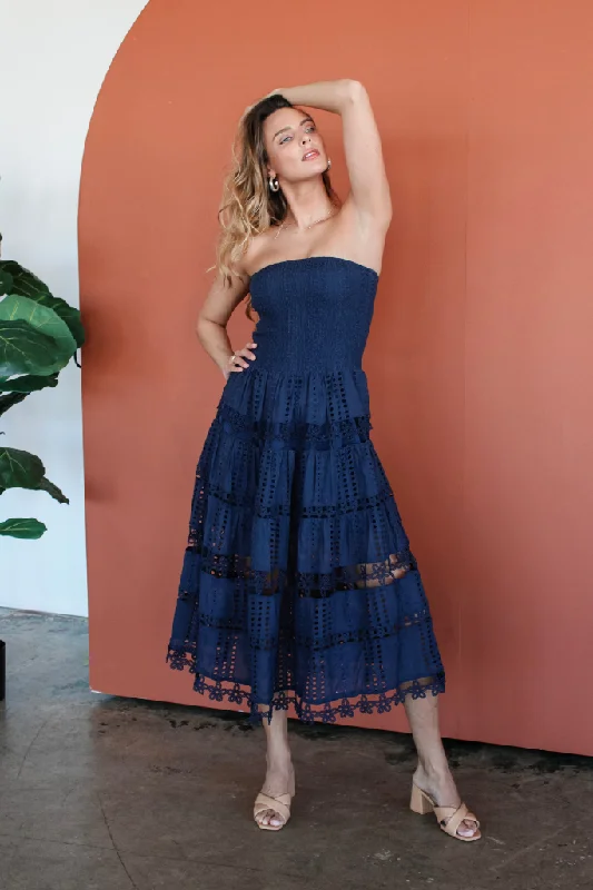 Safe Haven Strapless Midi Dress in Navy