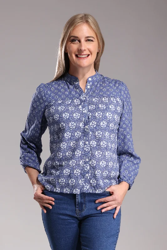 Nehru collar Blouse | Indigo Stamp | 6545ZZ