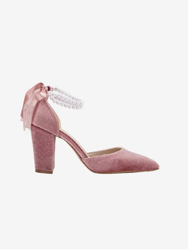 Hazel Vegan Velvet & Pearl Heels | Rose