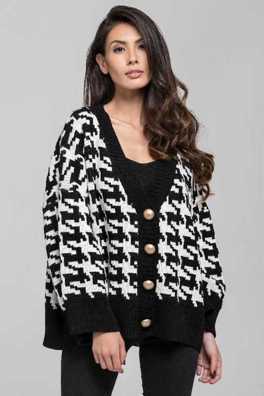 Houndstooth Oversized Dome Button Detail Cardigan