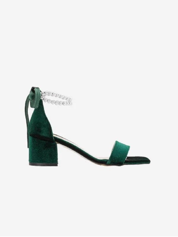 Illy Vegan Velvet & Pearl Heeled Sandals | Green