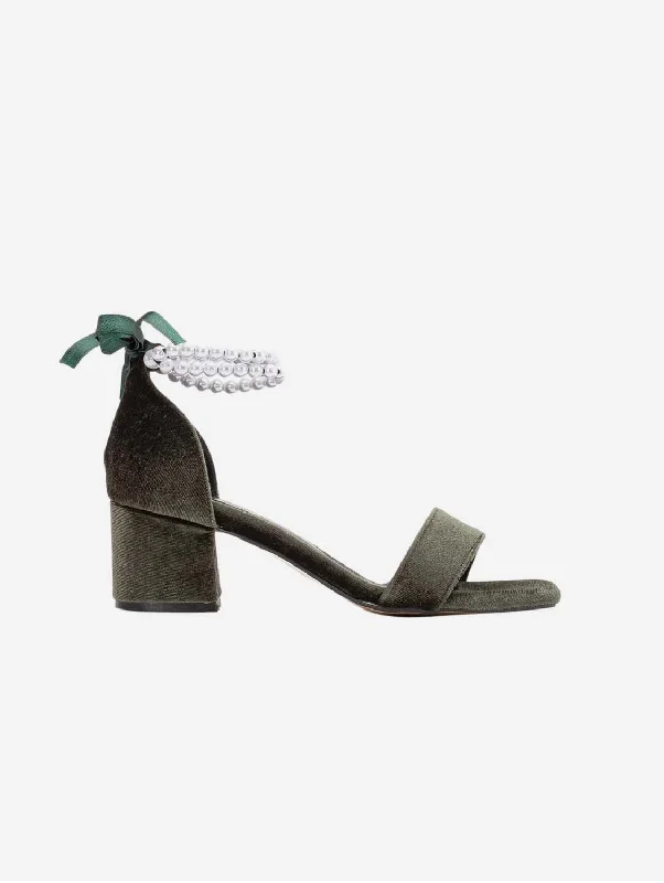 Illy Vegan Velvet & Pearl Heeled Sandals | Olive Green