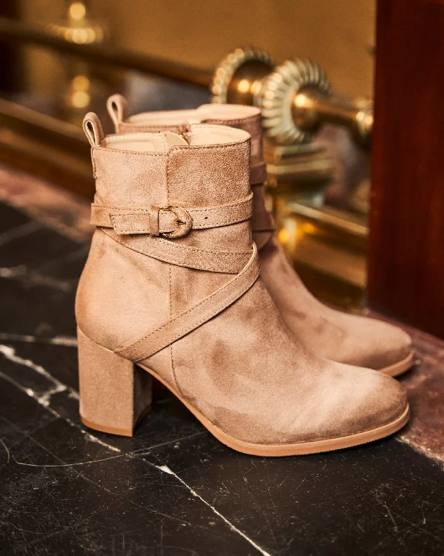 Intrigue Vegan Suede Heeled Ankle Boots | Sand