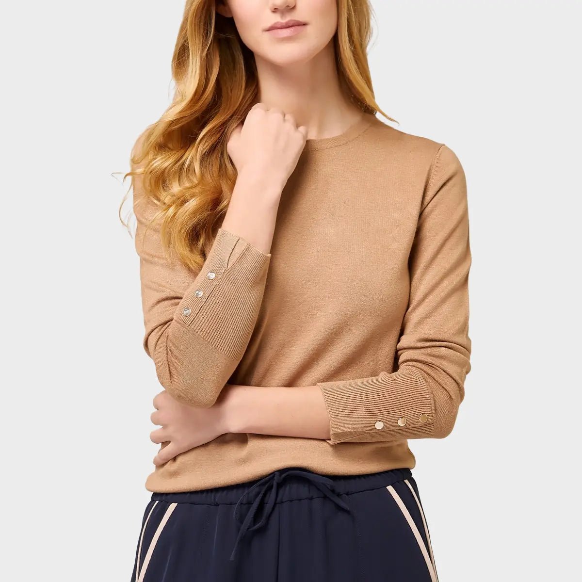 Soft Touch Crew Neck Camel Button Detail Jumper