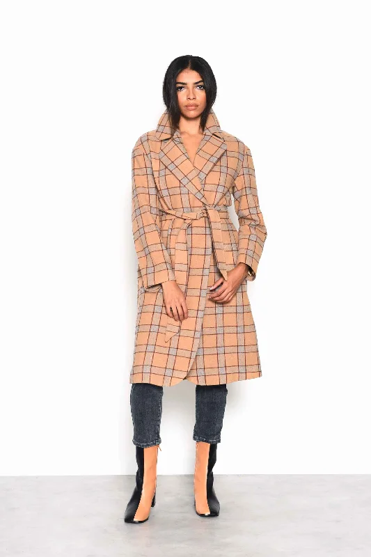 Glamorous Camel Multi Check Double Breasted Longline Coat with Waist belt