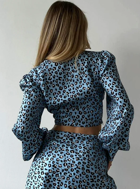 Glamorous Blue Leopard Print V-Neck Button Front Blouse