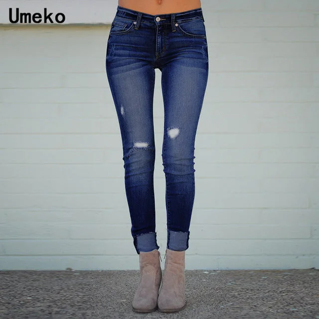 Umeko Blue Denim Skinny Jeans Women High Waist Distressed Jeans for Women Fashion Long Pants Autumn Casual Stretch Trousers