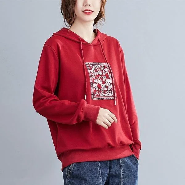 Women Casual Hoodies New  Vintage Floral Embroidery Loose Female Cotton Hooded Sweatshirt