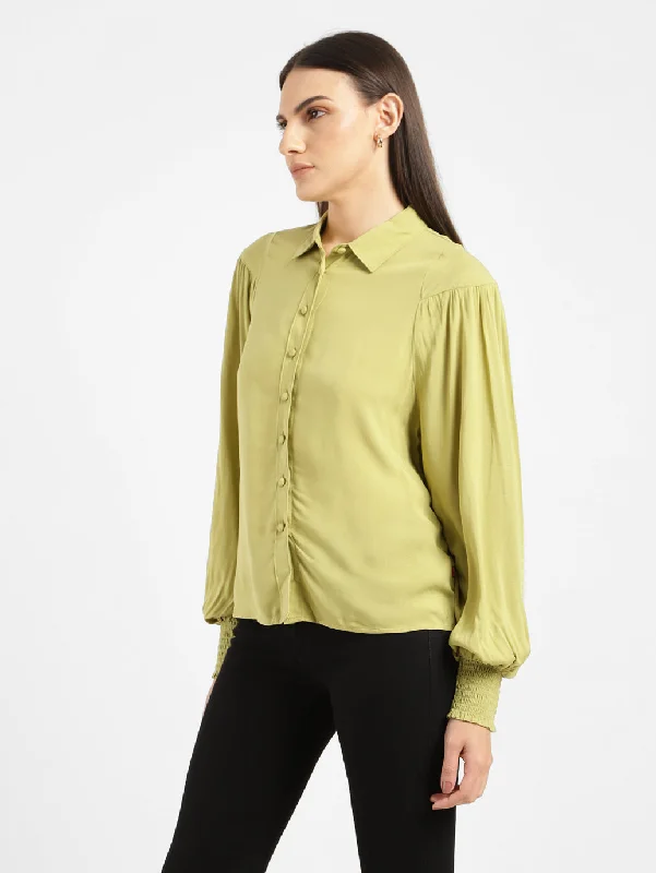 Women's Solid Spread Collar Shirt Green