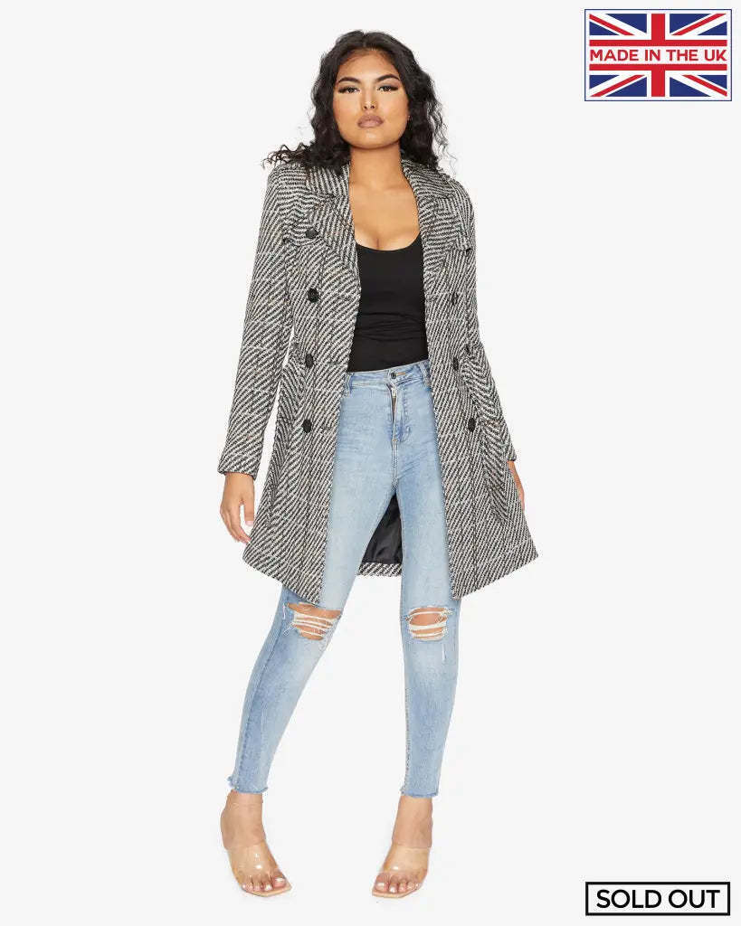 Wool Blend Check Double Breasted Military Coat