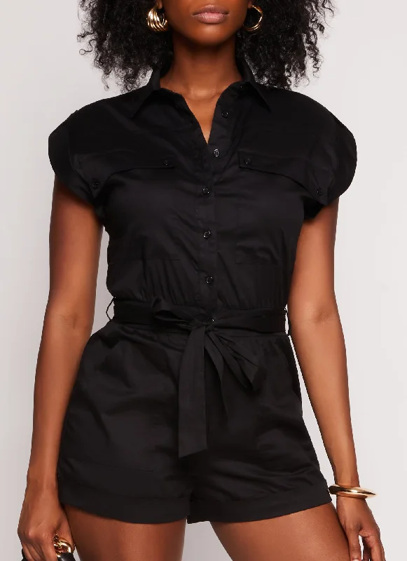 Cap Sleeve Tie Waist Belted Utility Romper