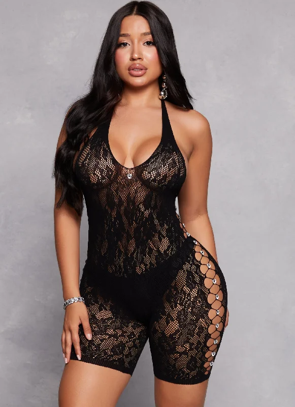 Seamless Rhinestone Cut Out Detail Halter Romper