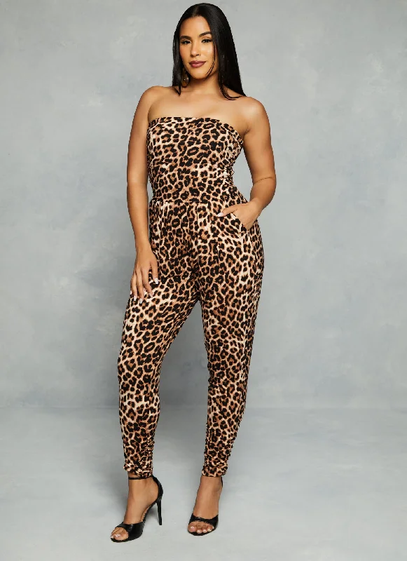 Printed Ruched Strapless Jumpsuit