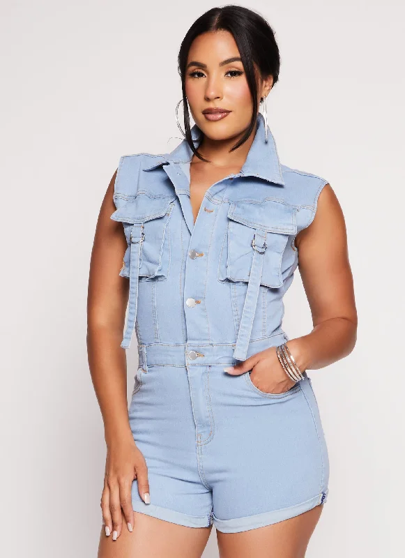 Daisy Denim Sleeveless Utility Romper