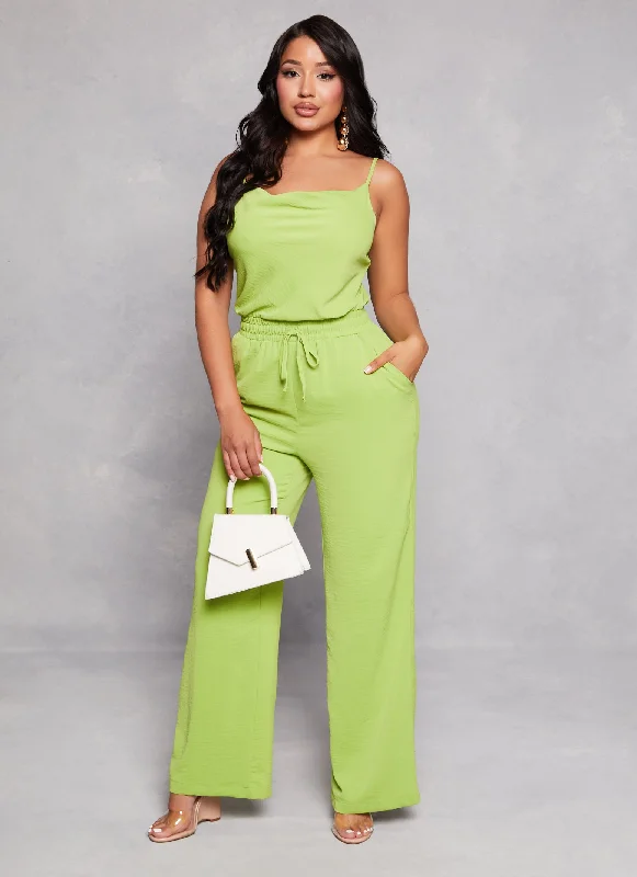 Cowl Neck Faux Drawstring Jumpsuit