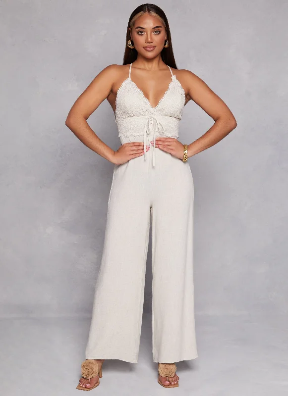 Linen Lace Detail Criss Cross Back Jumpsuit