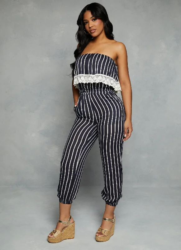 Striped Crochet Trim Strapless Overlay Jumpsuit