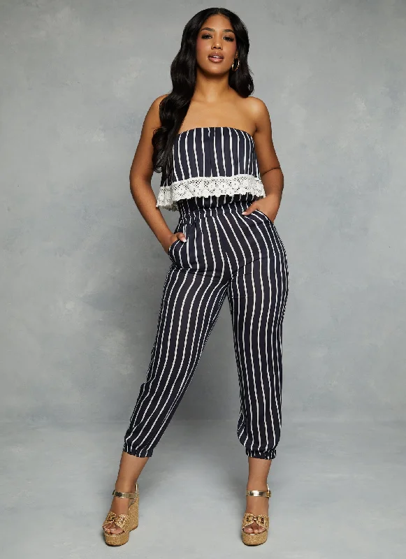 Striped Crochet Trim Strapless Overlay Jumpsuit