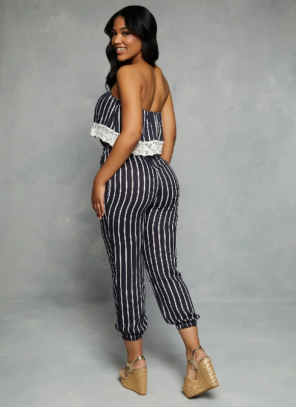 Striped Crochet Trim Strapless Overlay Jumpsuit