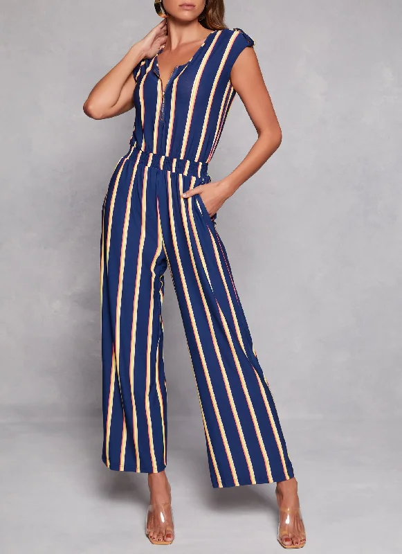 Striped Half Zip Jumpsuit