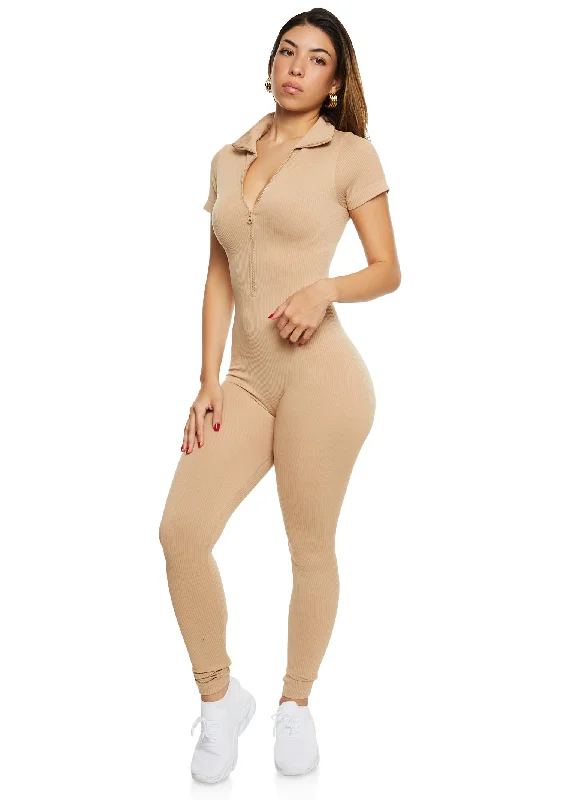 Seamless Ribbed Collared Zip Front Jumpsuit