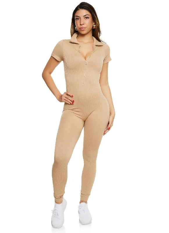 Seamless Ribbed Collared Zip Front Jumpsuit