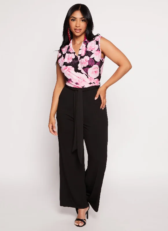 Printed Faux Wrap Tie Waist Jumpsuit