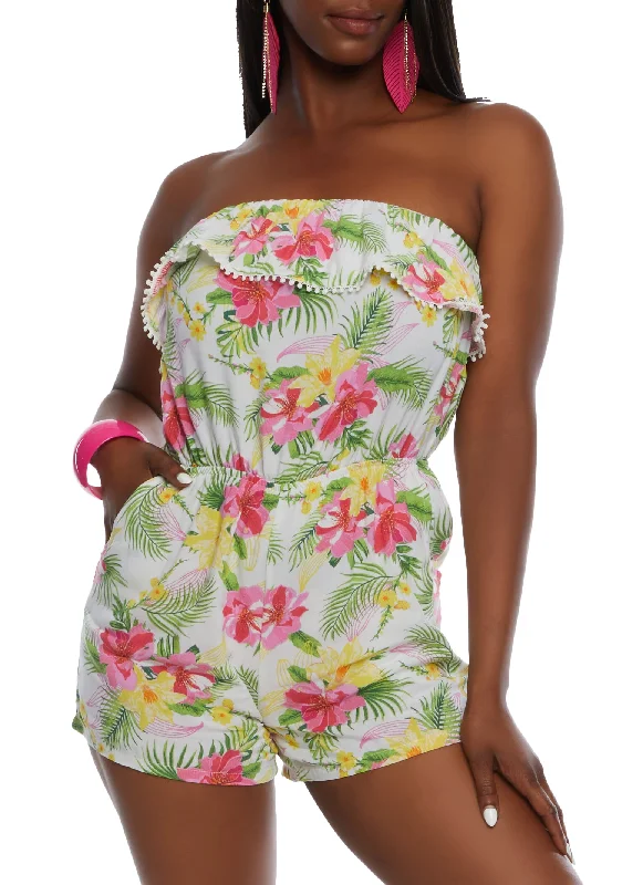 Tropical Print Strapless Romper