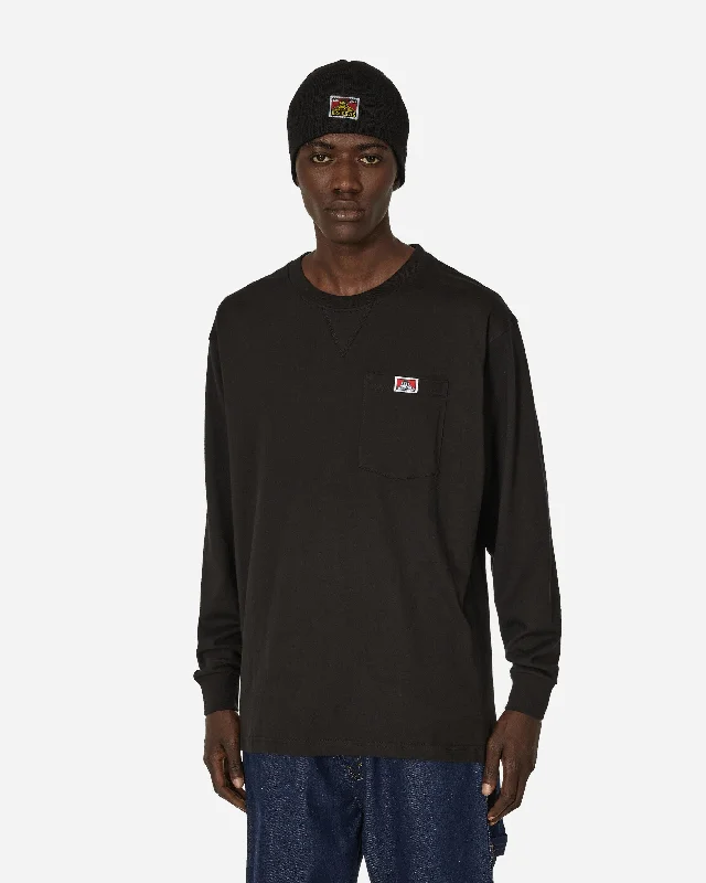 Men's Shirts with Short PlacketsHeavy Duty Classic Label Pocket Longsleeve T-Shirt Black