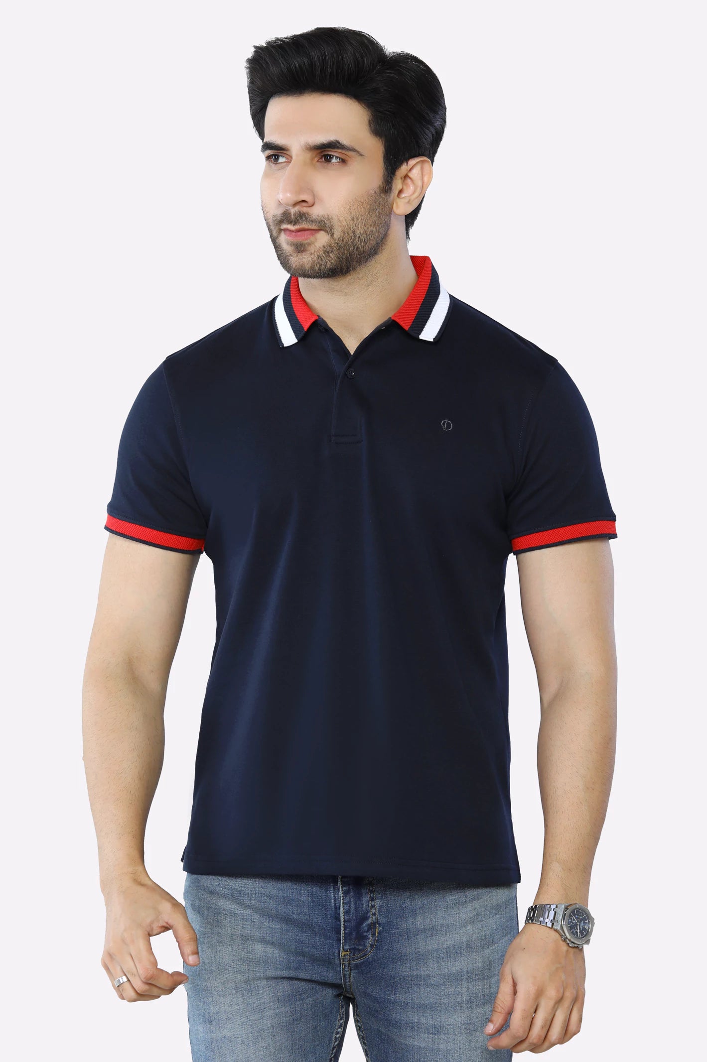 Men's Shirts with Moisture-Wicking FabricNavy Blue Jacquard Collar Polo