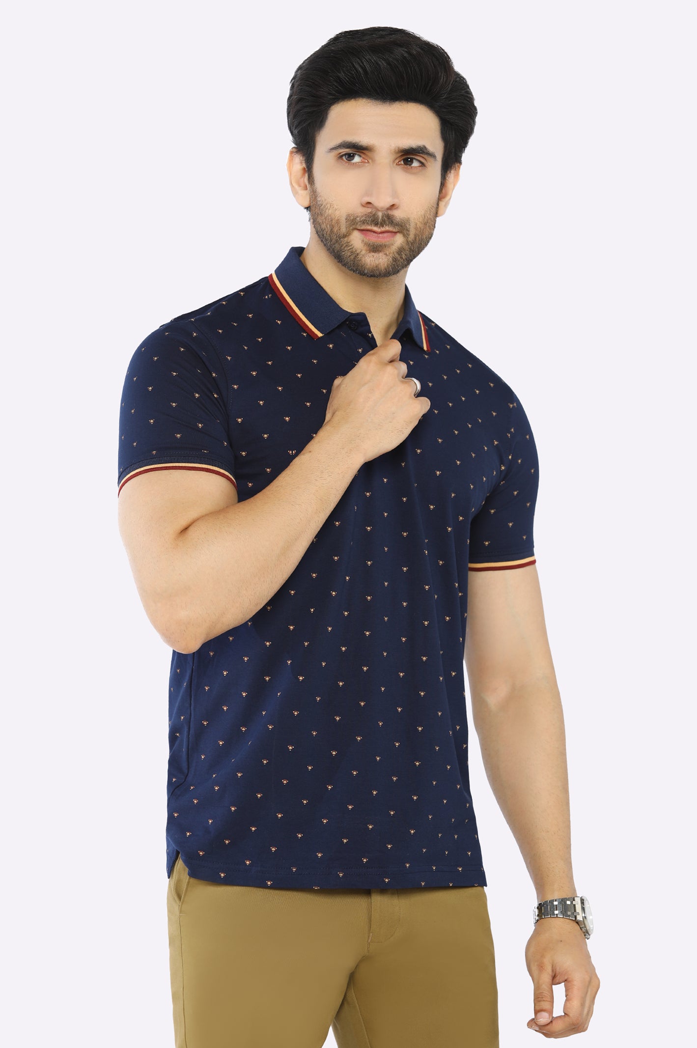 Men's Shirts with Contrast CollarsNavy Blue Printed Polo