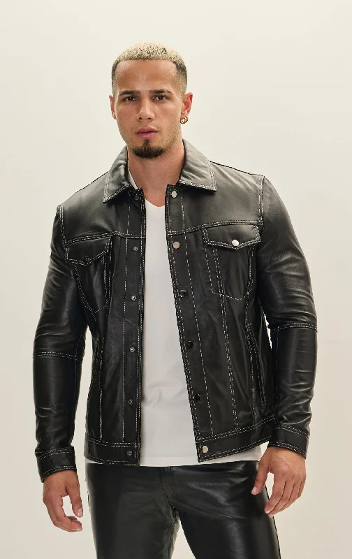 Men's Coats for Outdoor ActivitiesGenuine Leather Shirt Jacket- Black
