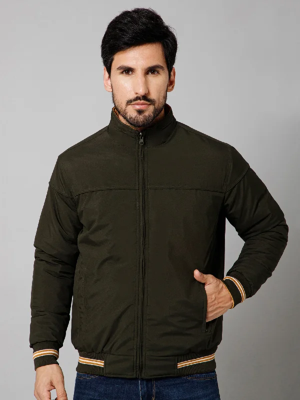 Winter-Ready Men's CoatsSolid Full Sleeves Mock Collar Regular Fit Olive Casual Reversible Jacket for Men